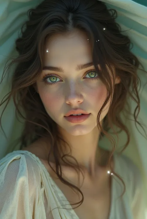 Make a very beautiful woman with :  green eyes, king,  wavy hair,  looking forward and with a slightly open mouth.