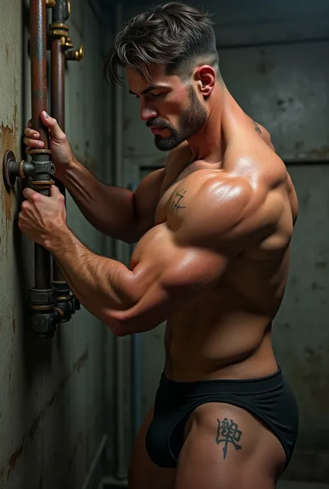 Make this guy look like picture of topless handsome  tough guy repairing the pipe in a black thong leaking his big dick