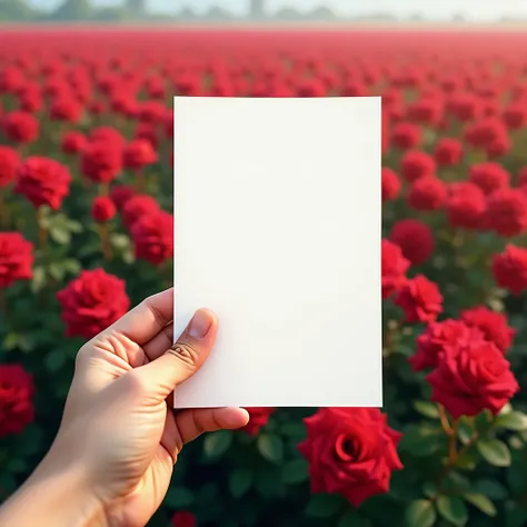 A hand holding a white blank rectangular paper with a red outdoor rose flower field in the background