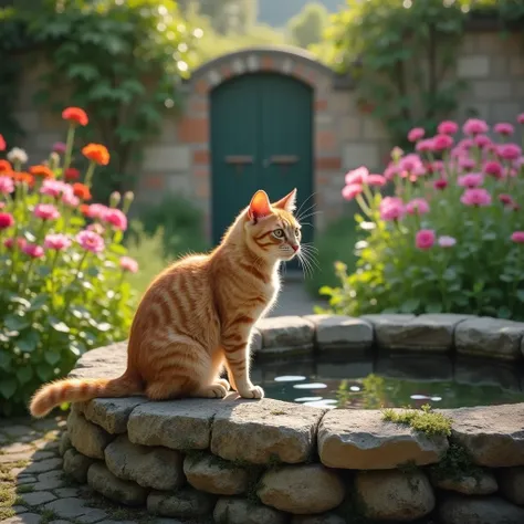 An ancient ,  A garden full of flowers in the background . Minnoş  (orange , furry ,  a round-faced cat ) and Striped  (gray ,  thinly striped ,  an energetic cat )  stands at the edge of the well . Minnoş  kuyunun içine şaşkınlıkla bakarken Çizgili heyeca...