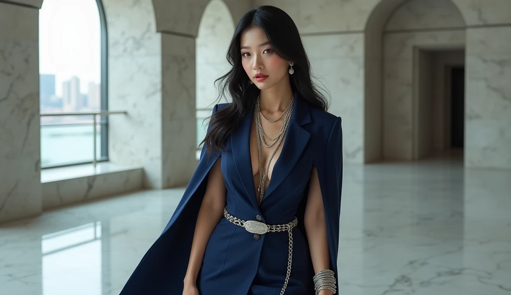 beautiful chic business woman, cheongsam, navy blue form fitting blouse, navy blue pencil skirt, deep v, delicate silver necklace, delicate bangle, high heels, leggy, busty, beautiful woman, asian woman, cleavage, cheongsam, short cape, short pencil skirt,...