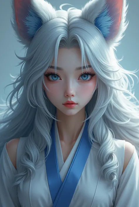  Magnifique Femme asian Kitsune au cheveux gris argent avec des légère mèche bleu foncer comme coiffure long légèrement boucler image ultra réalisme 4K vue entier de face