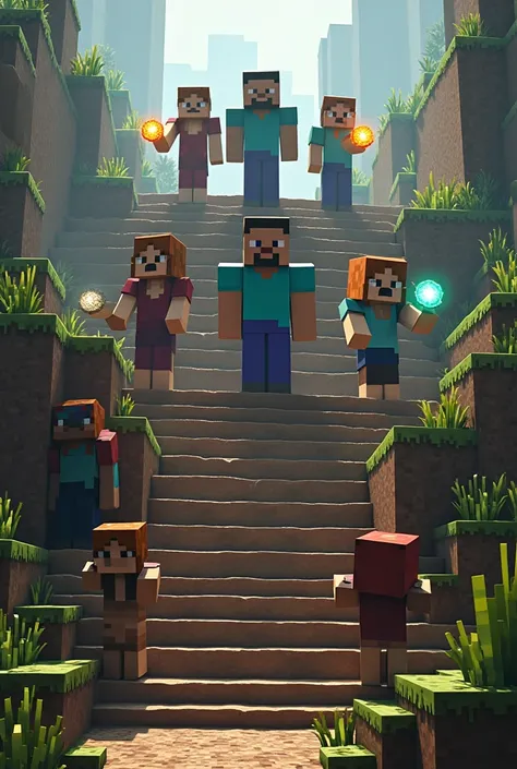  Minecraft heroes stand on the steps made of blocks of earth.  The most popular ones are at the top .  Less popular ones are holding in their hands . Balls 