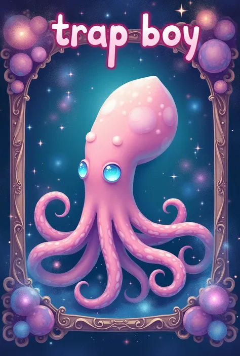 Magical circle frame, pastel squid inside, and has the word "trap boy" with galaxy colors above the squid