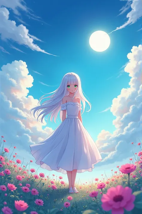 An anime girl with long white hair. And bright dreamy emerald green eyes. Wearing a white dress. She is standing in a flower field. The sky is cloudy. The sun is in the east and the moon in the west both can be seen. The sky is died in a mix of blue, purpl...