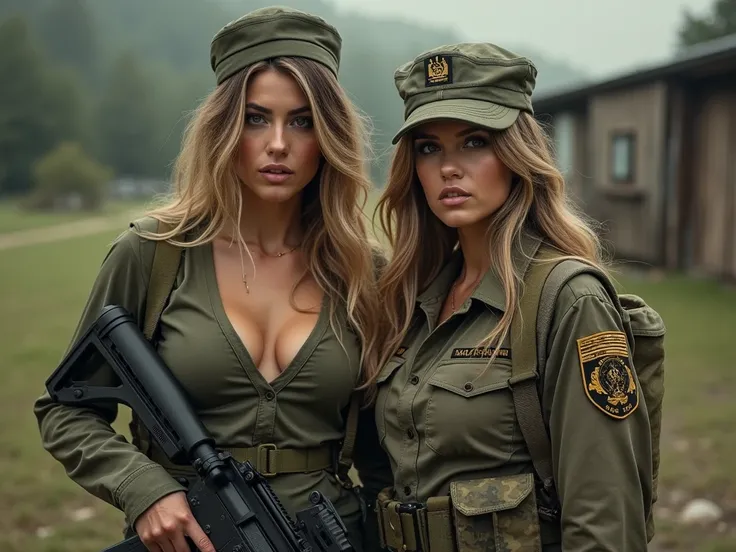 two women in military uniforms posing for a picture with guns, militaristic!!!, military girl, ry girls, wearing military outfit, in full military garb, soldier girl, perfect military composure, wearing military uniform, bikini + tattered military gear, mi...