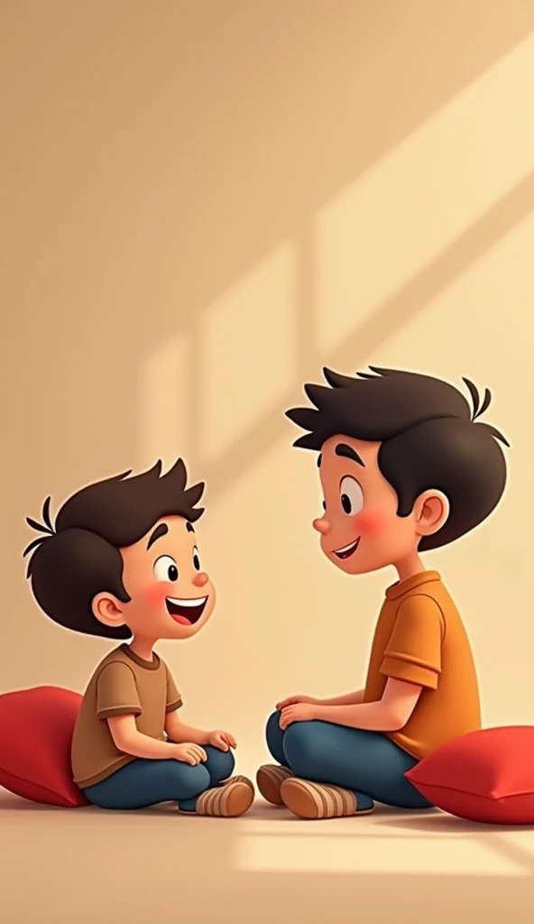 . Father and Son Sharing a Smile:
The father and son sit across from each other, both smiling warmly. A bright red cushion sits beside them, adding a touch of color to the scene.
All images cartoon type.