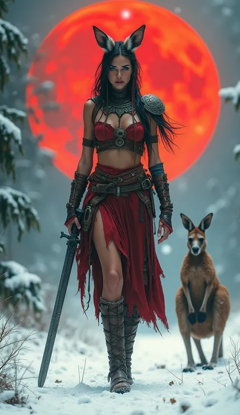 Create A Very Beautiful Australian Young Woman Warrior Walking Straight, Wearing Warrior Leather Outfit Unique And Colourful Warrior Outfit, Blue Eyes , Death Stears, A Giant Kangaroo Walking With Her, Holding A Sword in Hand, A Giant Red Moon Background, ...