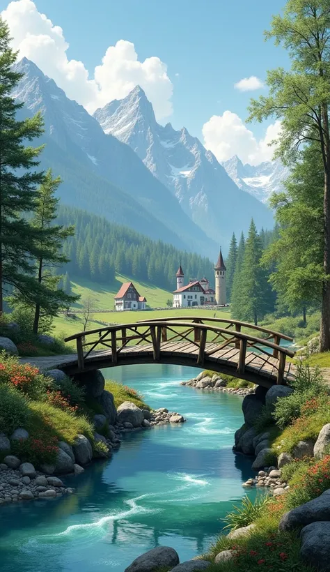 a small wooden bridge over a river in the beautiful Swiss mountains. in the distance is a pretty village