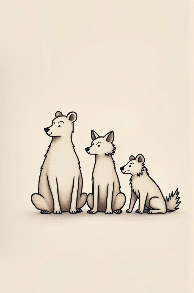 Make a minimalist tattoo of a bear ,  a wolf and a lion cub sitting side by side .  The bear who is older than the other representatives the oldest of the siblings ,  the wolf representing the youngest of the siblings and a lion cub representing the younge...