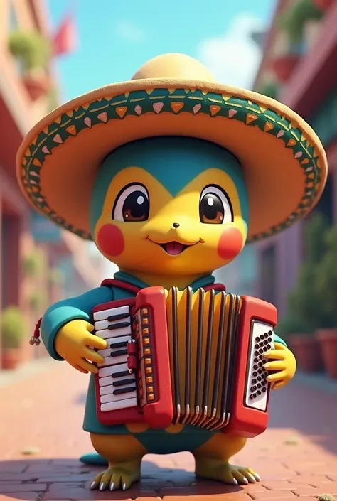 Pokemon playing accordion and wearing a Colombian hat