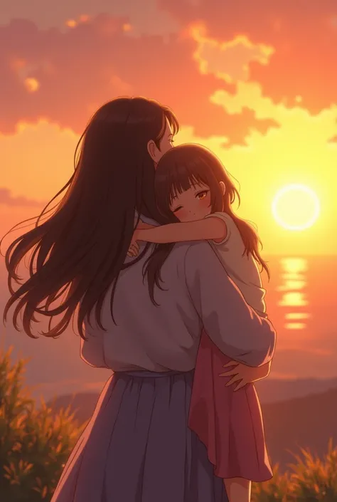 a lullaby  (aunt)   with long hair, hugging two girls , una cabello corto hasta los hombros lacio un poco pequeña y una mediana de tamaño  with long hair,  embracing all three of them watching the sunset but you can see only their faceless figures and also...