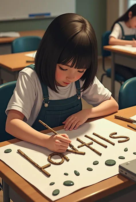 A  in a classroom writing with a typography of sticks and stones 