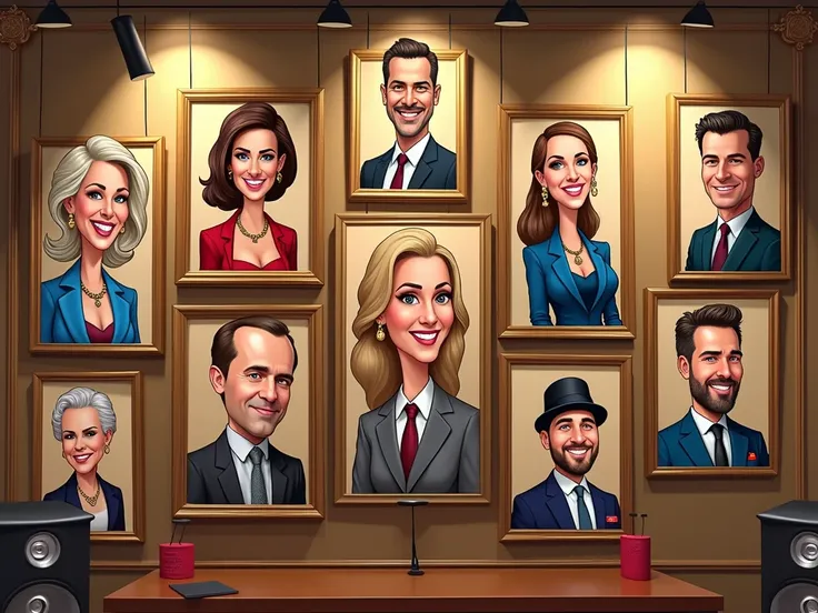 A stylish, professionally-cartoon-style wall filled with hanging decorative pictures depicting various famous royalty and entertainment figures. The pictures feature caricatures of Spanish royalty, such as Queen Sofia, King Felipe, Queen Letizia, and other...