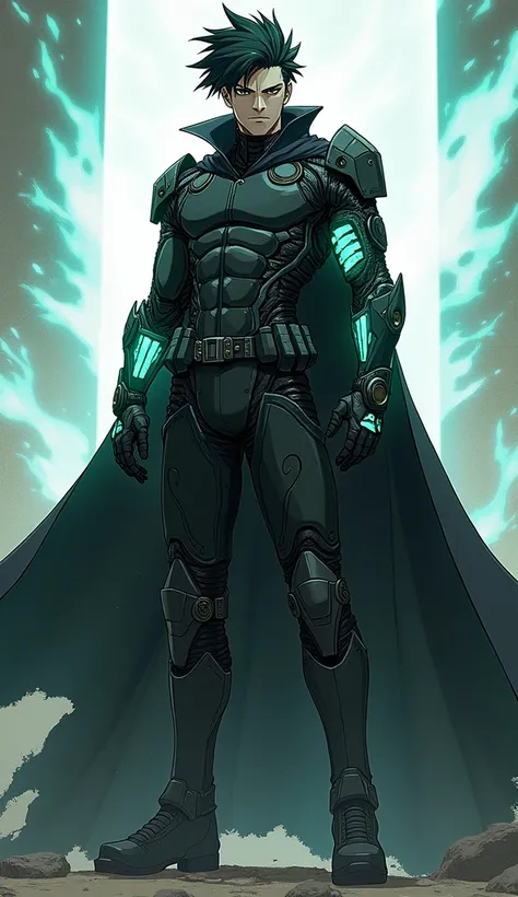 Create an realistic anime-style illustration image of a male villain inspired by Eren Yeager, but with a futuristic and cybernetic twist. Thundra is a tall, muscular character with a sharp, intense expression and wild, dark hair similar to Erens. Half of h...