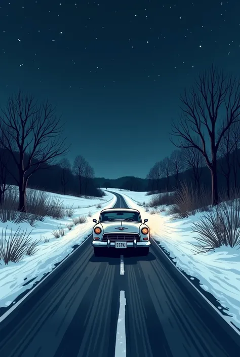 I want a 2D cartoon sketch in which a car drive at dark winter night on highway alone