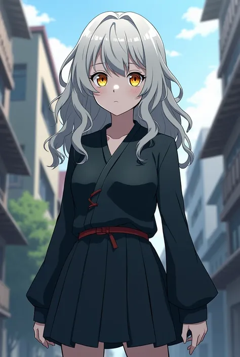 screenshot of Jujutsu KAISEN a 15-year-old girl, white skin color, The color gray , The hair is wavy and medium long ,  the eyes are fiery yellow ,  dressed in her costume from the Academy of Witchcraft and has a neutral expression,  in the background is a...