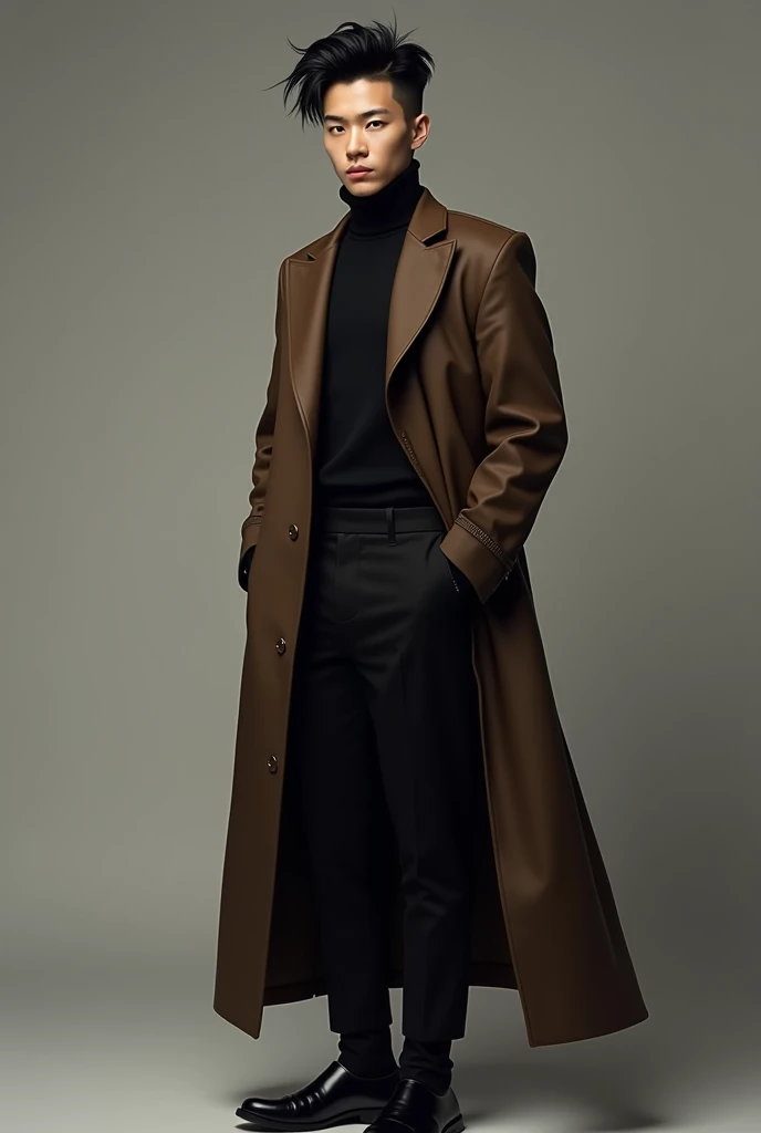 Tall young Asian man, the Jackson Wang cut, light skin, black clothes and long brown coat, full body 
