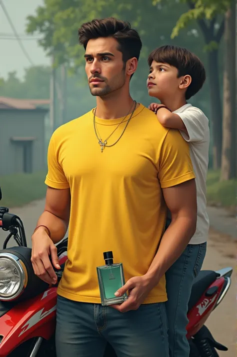 Ek aadmi yellow t shirt me khada hai haath me perfume hai aour uske piche ek bike par ek hight me bhut chota aadmi betha hai Bona aadmi 
