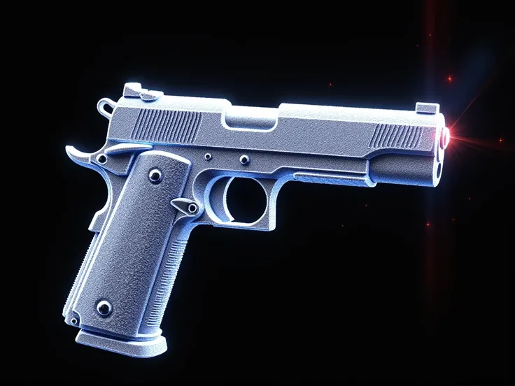 A highly detailed 3D-rendered handgun completely encrusted with small, sparkling diamonds that reflect and refract light dramatically, as if illuminated by a strong camera flash. The diamonds create vibrant flares, starburst effects, and dazzling highlight...