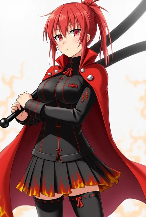 Yuri was a 14-year-old girl with red hair  ,Which she wore in a ponytail , and red eyes.  She was wearing a black uniform with red accents and a red cape with a burning hem.  She also carried a fireblade in the shape of a sword .