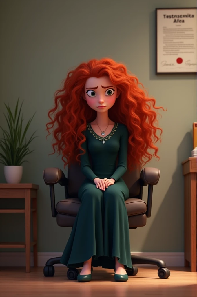 Make Princess Merida in Pixar style, sitting in a therapy office chair, with a sad and downcast face