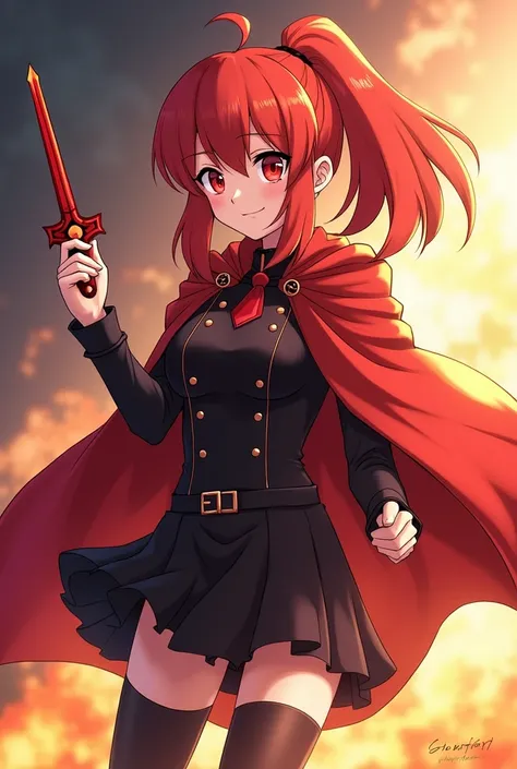 Yuri was a 14-year-old girl with red hair  ,Which she wore in a ponytail , and red eyes.  She was wearing a black uniform with red accents and a red cape with a burning hem.  She also carried a fireblade in the shape of a sword .