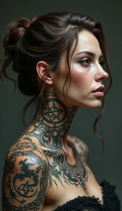 Several tattoos of Wicca symbols and dragons and witchcraft symbols on a realistic womans neck 