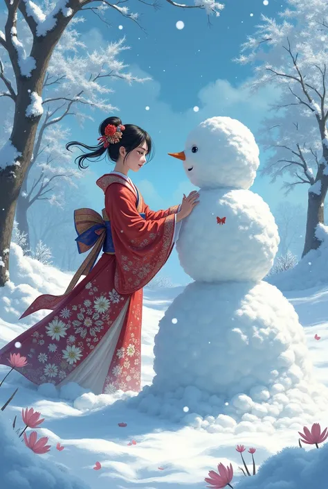 A beautiful woman. Hes outside, building a snowman with a . Kimetsu no yaiba art Style 