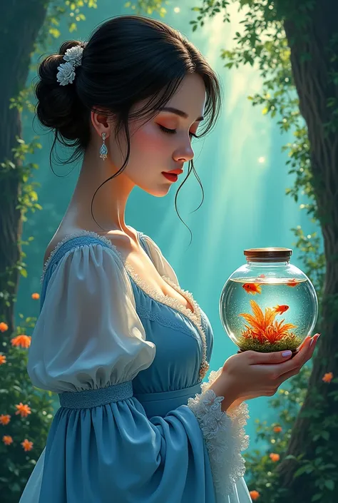 
 “A stunning woman with a focused expression ,  holding a small aquarium in her hands ,  filled with vibrant fish and aquatic plants .  She wears an elegant period costume in shades of light blue ,  highlighting its graceful figure .  Her hair is tied in ...