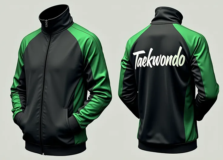 Create me a turtle neck sports jacket black and green with Taekwondo written in the back 