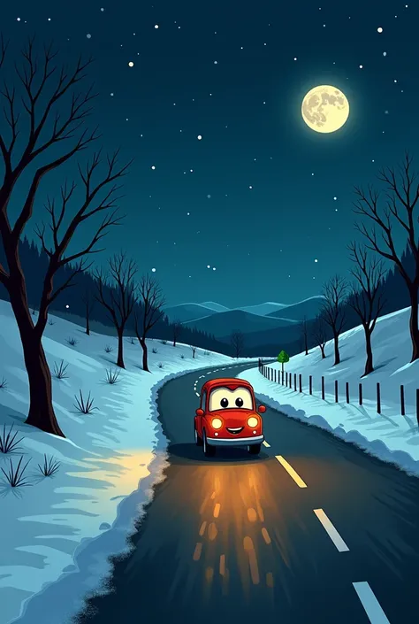 I want a 2D cartoon in which a car drive at dark winter night on highway alone. Note: i upload on YouTube so picture frame should be youtube size