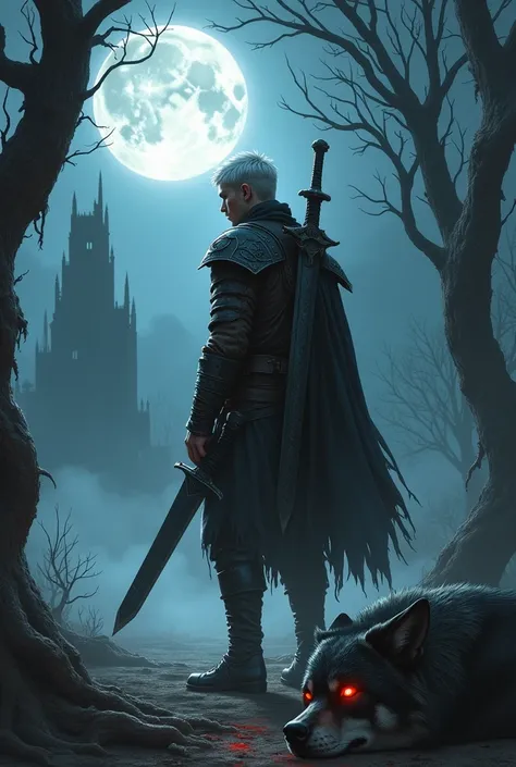 
A full moon casts its cold light on a lone figure—a hunter shrouded in mystery. His short white hair catches the glow, the shaved sides adding an edge to his already sharp silhouette. Leather armor, cracked and worn, clings to him, its glowing runes pulsi...