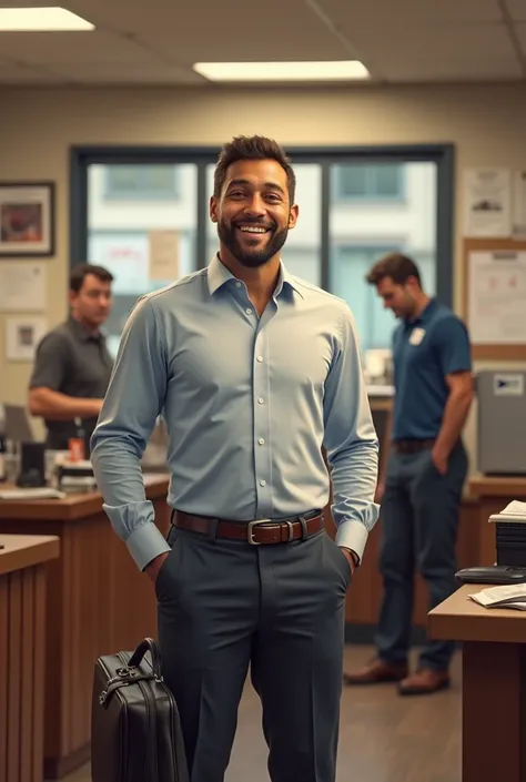 A man comes to the post office and happily stands and talks