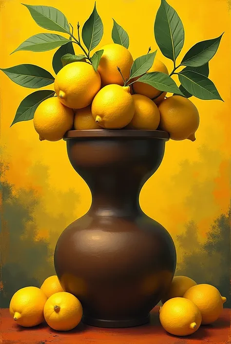 Sicilian-style lemon background with vase and dark brown head from which lemons come out. Design style 