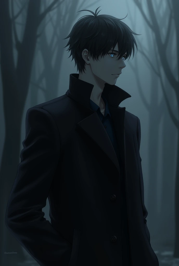 (masterpiece,  high resolution,  best quality), Alone, 1 male, 25-year-old man ,  good-looking,  Dreamy,  short black hair, translucent silver eyes, Tall, black coat ,reply,  looking at the audience ,  dark background, fog