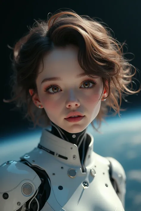 Make a  ,  with only a small part of her robot face ,  she has curly brown hair that hits her shoulder,  round face,  slightly perched round nose ,  she has a slightly pink fleshy mouth , big eyelashes, shes in space, She is technological , Photo from the ...