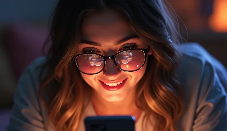 Perspective: Over-the-shoulder shot.
Subject: A person smiling while reading a text on their phone, with subtle cosmic reflections in their glasses.
Medium: Digital painting, semi-realistic style.
Style: Warm and nostalgic, with soft lighting focused on th...