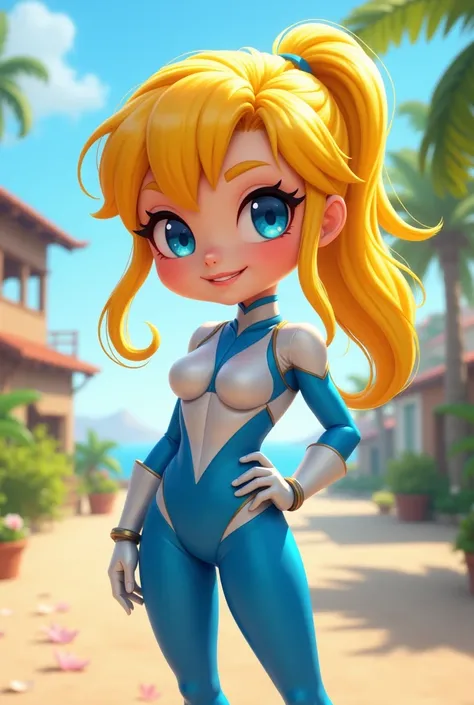 Chibi, fitnes girl, sexy, cute, smile, blue eyes, sunnny day, power rangers blue white latex clothes, ombreira, yellow hair
