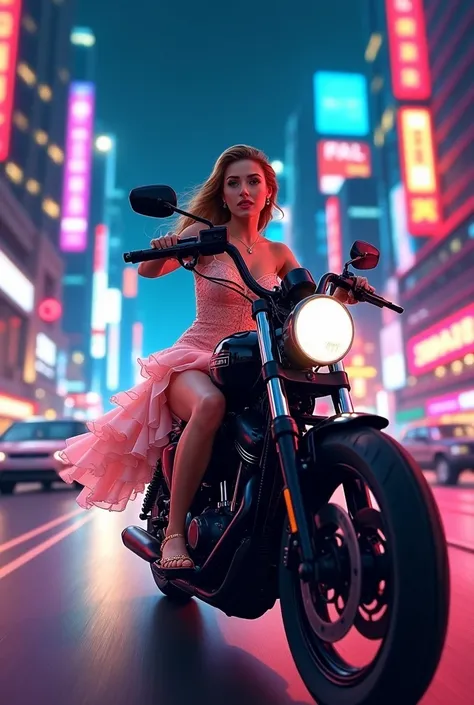 Tsuroiyya Al Ghina A woman riding a BlackProMotorcyclePCX at night, adorned in a pastel-colored ruffled sundress and high heels, illuminated by the vibrant cityscape with glowing neon lights. A dynamic low-angle composition capturing the motion and eleganc...