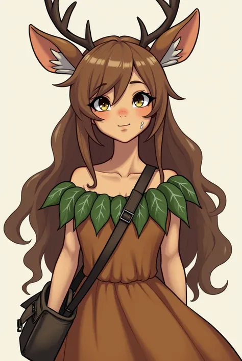 Solaria was a  deer-human hybrid with long brown hair and some white spots on the face and small antlers on the head. She was wearing a small brown dress with green leaves on her shoulders and a small bag .