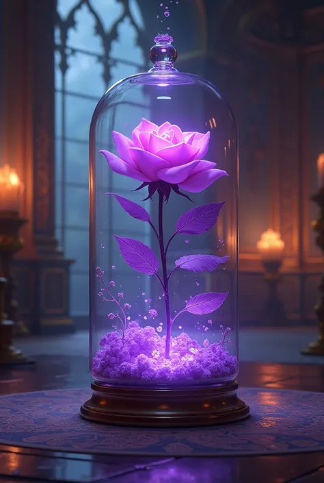 Beauty and the beast from Disney and a purple rose in a glass jar