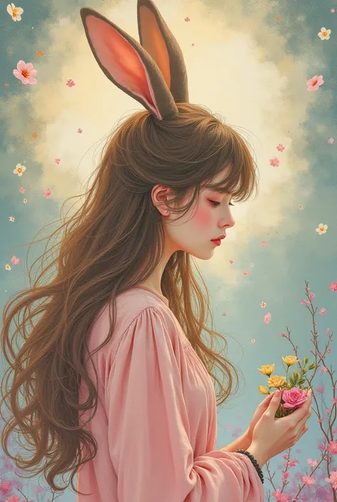 Rabbit atmosphere
healing
Alphonse Mucha style
Use melting colors
Colored pencil style
Light like a prism
Fluffy illustration style
Draw a girl with long hair facing slightly downward
There is no feeling of live action
Loose illustrations