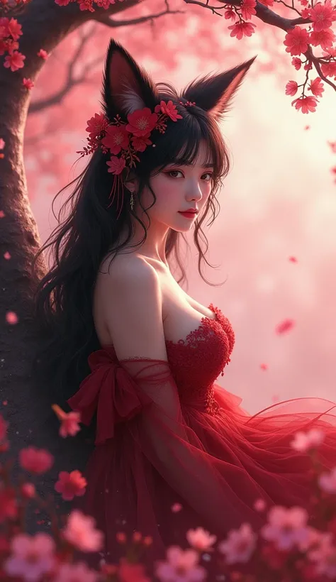 The combination of black and rose red tones ，A charming and sexy fox fairy sits under a cherry blossom tree， The fresh breeze blows up the petals and her streamer ， full of fairy spirit ，32K high-definition picture quality