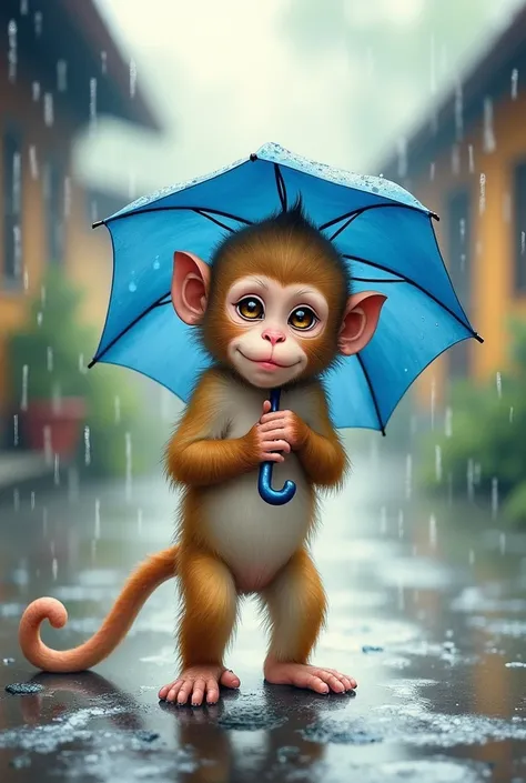 A watercolor and ink painting of a dreamy, ethereal scene. A cute little baby Brazilian monkey stands on a rain-soaked surface, holding a tiny blue umbrella. The background is a blurry and misty old Brazilian village. Raindrops fall gently everywhere. The ...