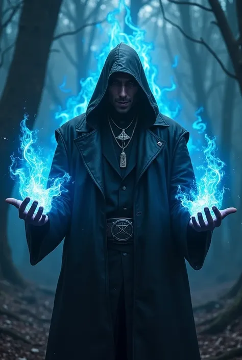 A dark sorcerer, wearing black clothes. He wears a black leather jacket.  wears a necklace with a pentragram ,  his hands emanate magical energy of blue and a forest in blue flames in the background.