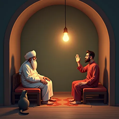 3D Style Image Prompt: "Inside a serene Muslim room at night, the ambiance is warm and intimate, illuminated by the soft glow of an electric bulb hanging from the ceiling. A wise and dignified man, with a flowing white Punjabi and an Arabic-style white tur...