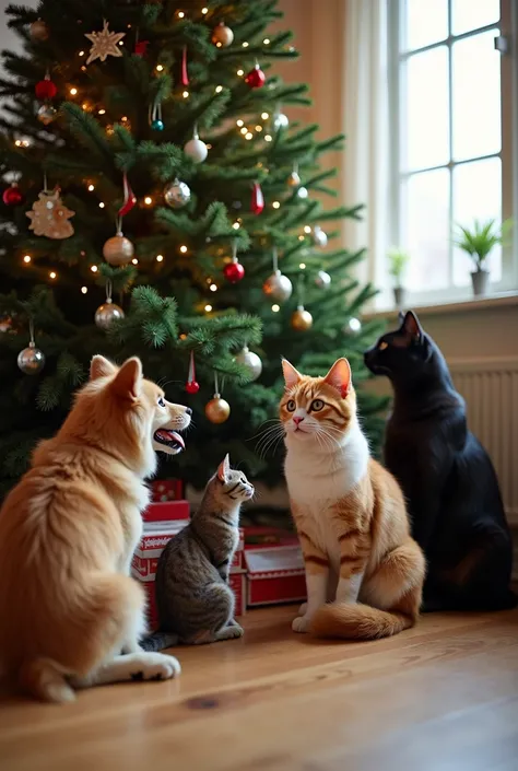  HORIZONTAL IMAGE with a green Christmas tree with many gifts and ornaments in addition to two dogs and THREE cats of various sizes, colors and races around it in a warm place like the living room of a house during the morning 