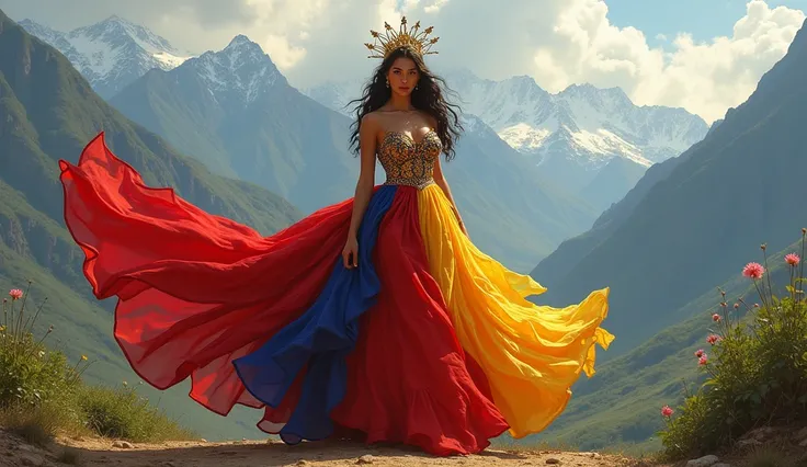 Venezuelan goddess wearing a beautiful dress inspired by her flag with a beautiful 8-star crown 