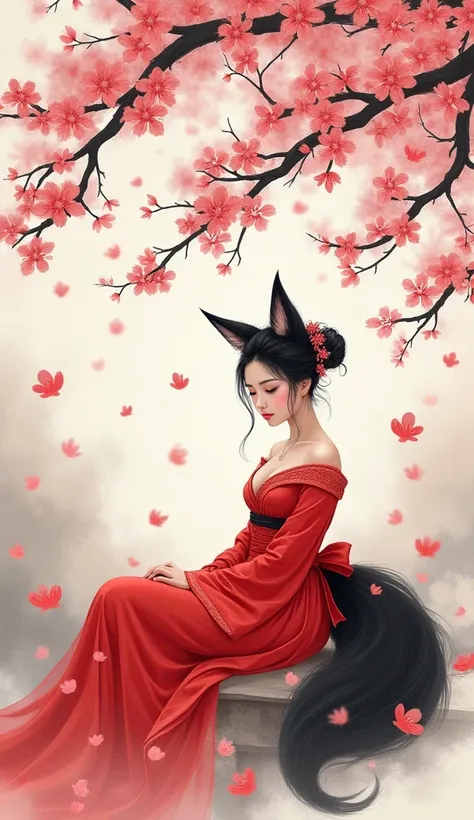 Classical Chinese Aesthetics ， New Womens Paintings，Delicate brushwork，Hand-drawn，The combination of black and rose red tones ，A charming and sexy fox fairy sits under a cherry blossom tree， The fresh breeze blows up the petals and her streamer ， full of f...